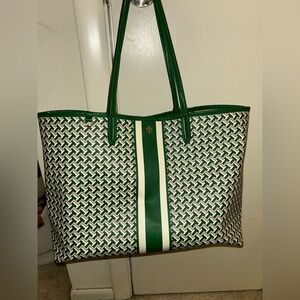 Tory Burch Green and White Tote Bag